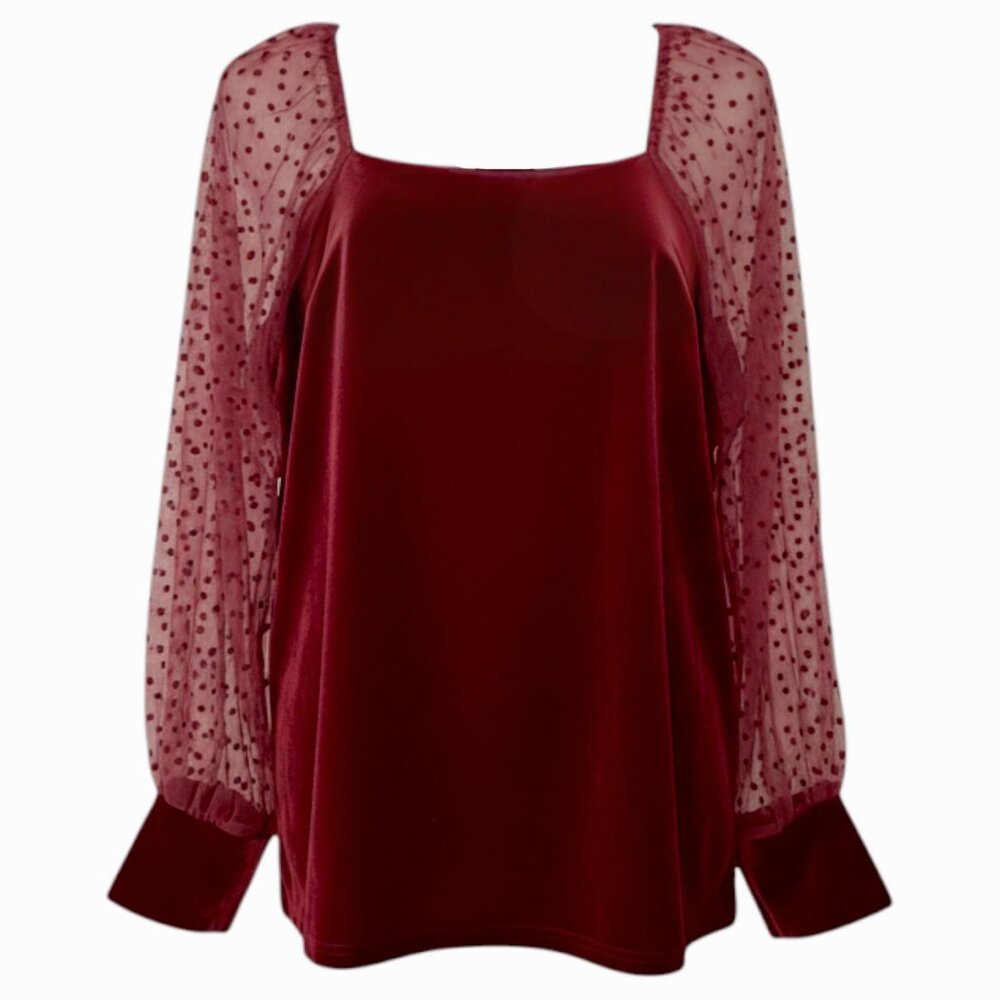 NWT Burgundy 2X Velvet Blouse Sheer Swiss Dot Sleeves Smocked Back Siren Lily